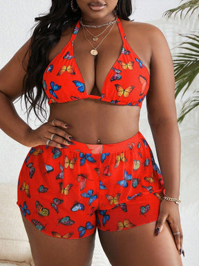 Conjunto 3 Peças Plus Size com Estampa de Borboletas e Cintura Alta
